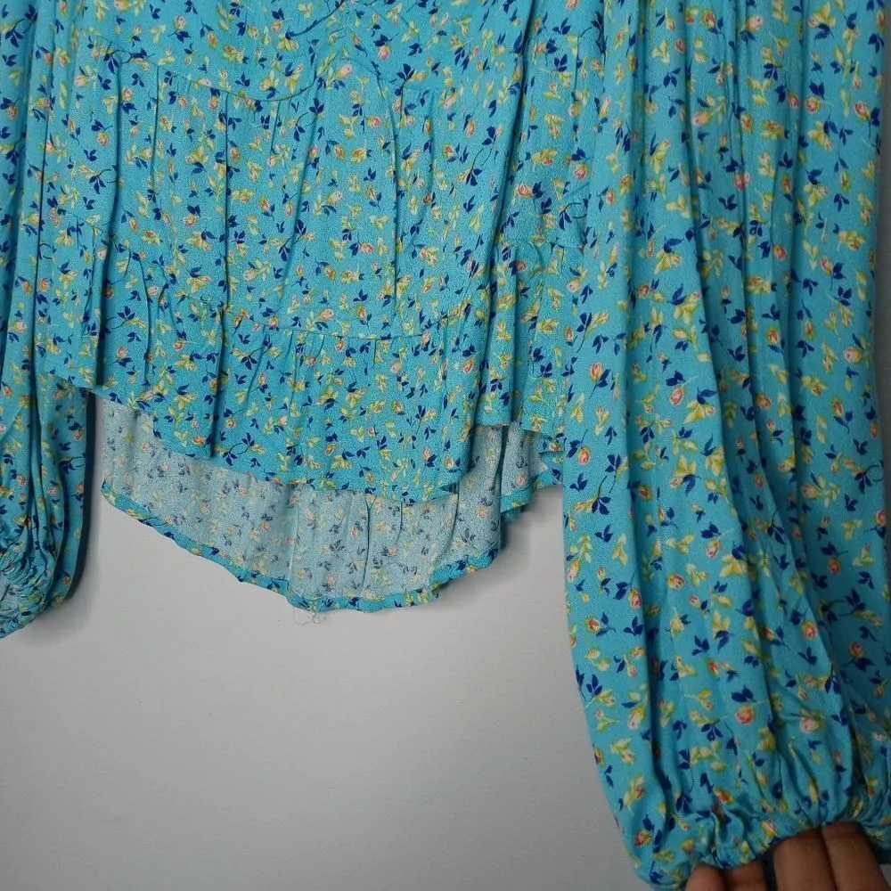 Afrm Soni Ruched Balloon Sleeve Crop Top Blue - Image 5