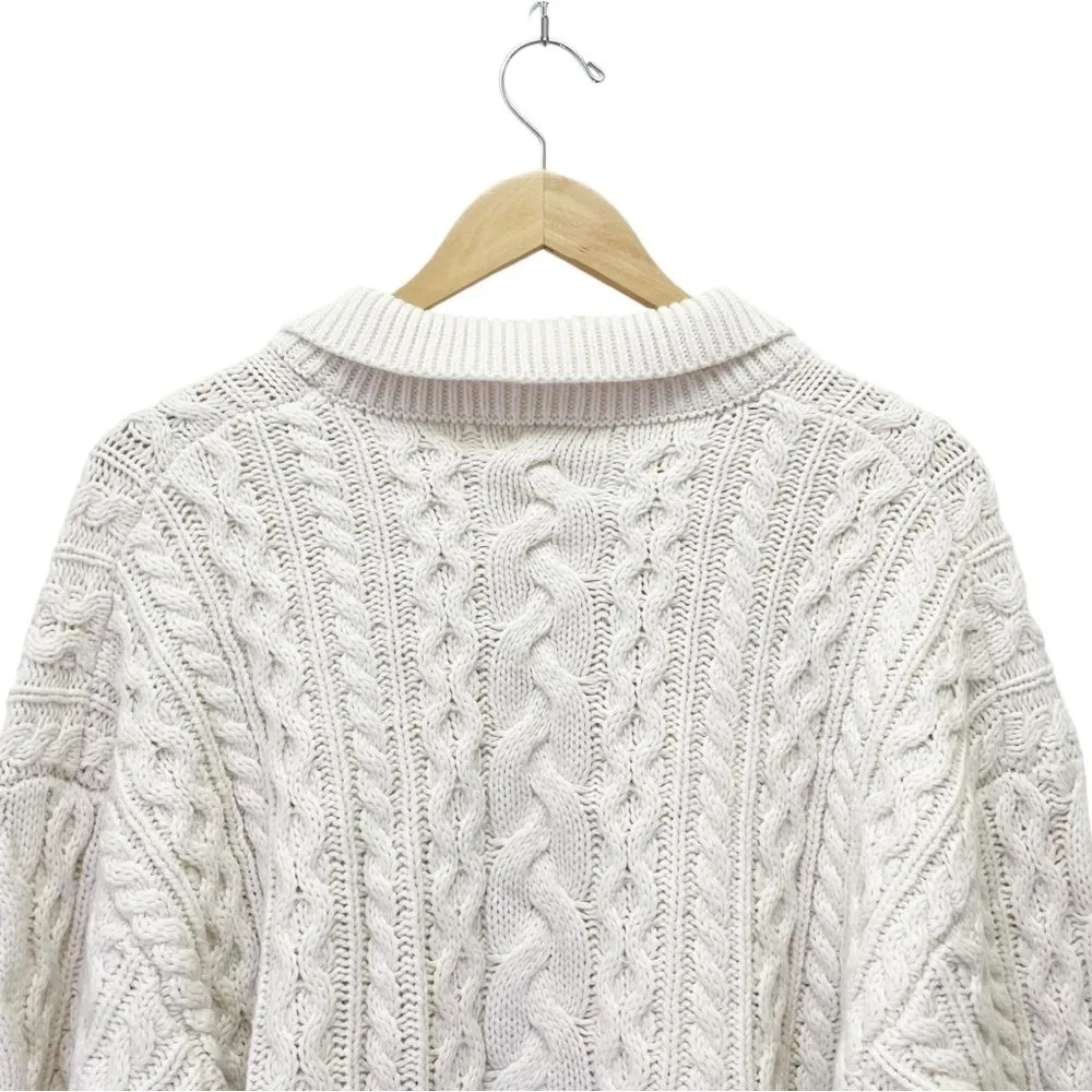 525 America Cable-Knit Polo Cropped Relaxed Sweater in Ivory Chalk Size Large - Image 8