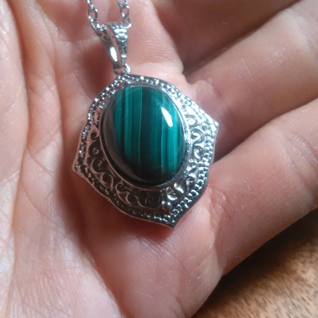 African Malachite Platinum Over Copper Pendant Stainless Steel Necklace - Image 8