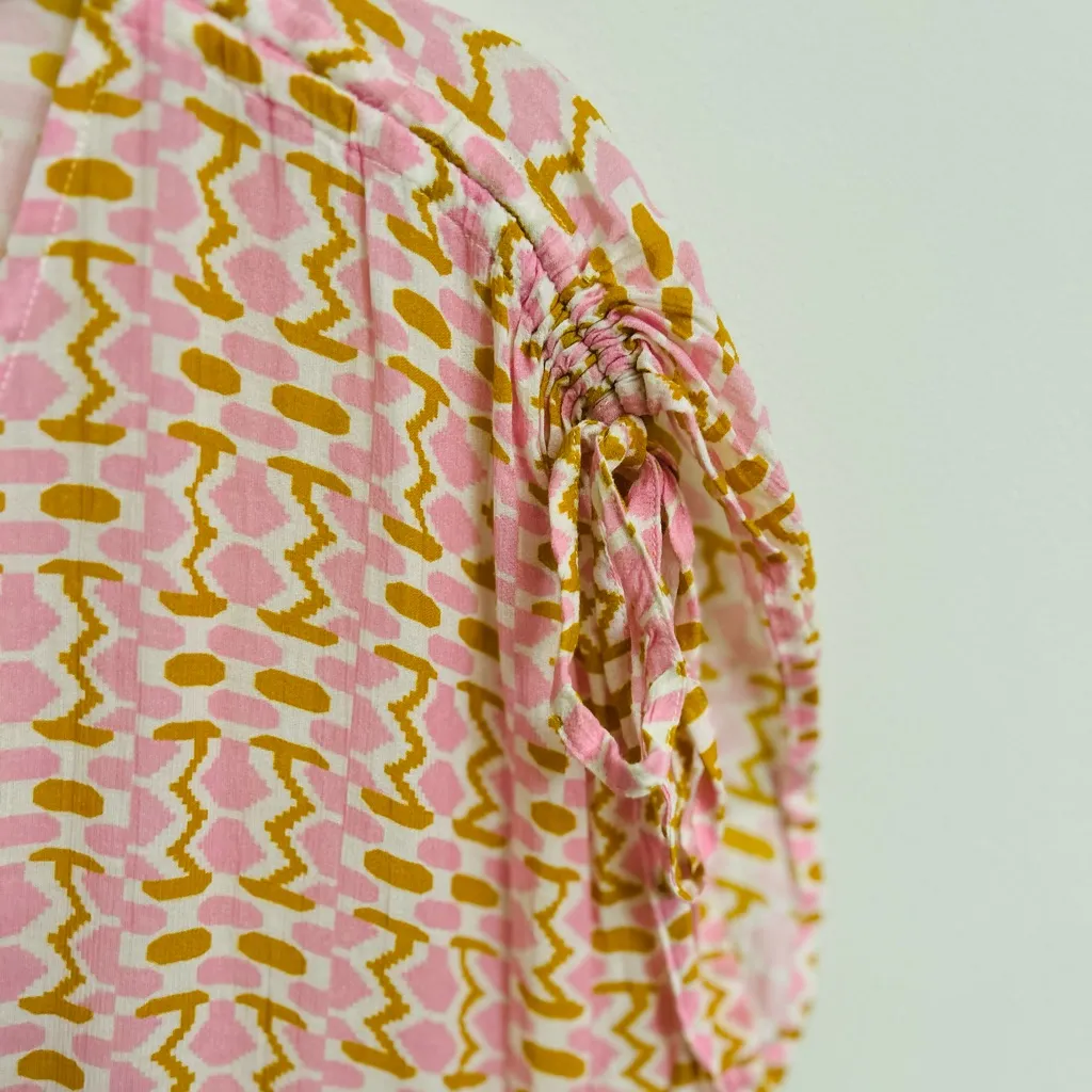 Figue Pink White Brown Geometric Tassel VNeck Tie Cinch Waist Dress Cover - Image 4