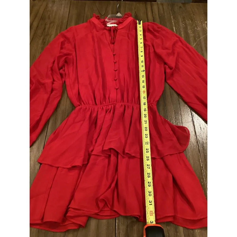Yumi Kim Ruffled Long Sleeve ruched waist Tiered Mini Dress Tie Neck Red Medium - Image 3