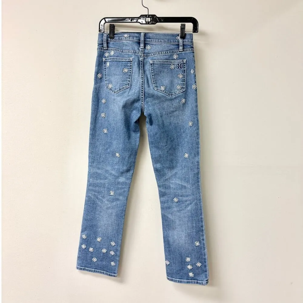Tory Burch Geo Fish Embroidered Denim Straight Leg Jeans Blue Women's Size 24 - Image 3