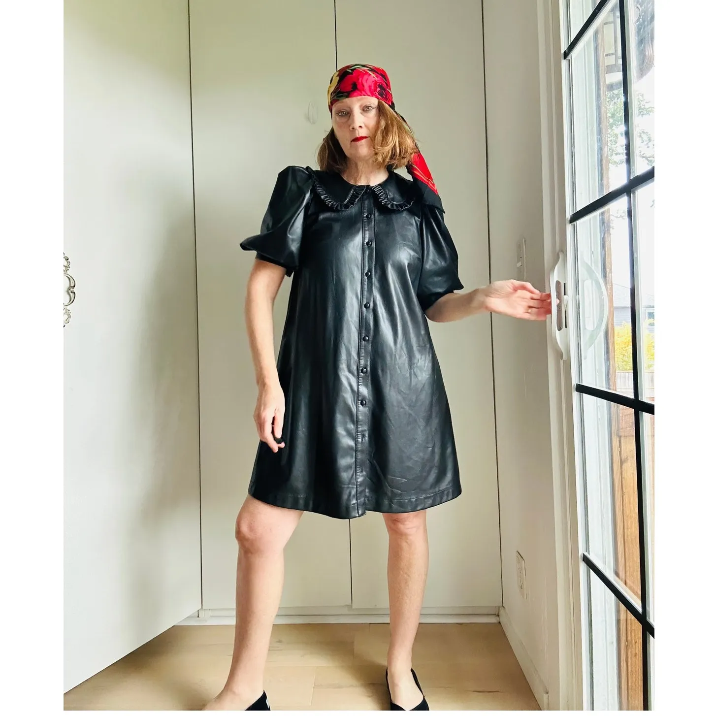 Y2K Pleather Gothic black Dress Size Small Collar Puff  sleeves Babydoll Vegan - Image 3