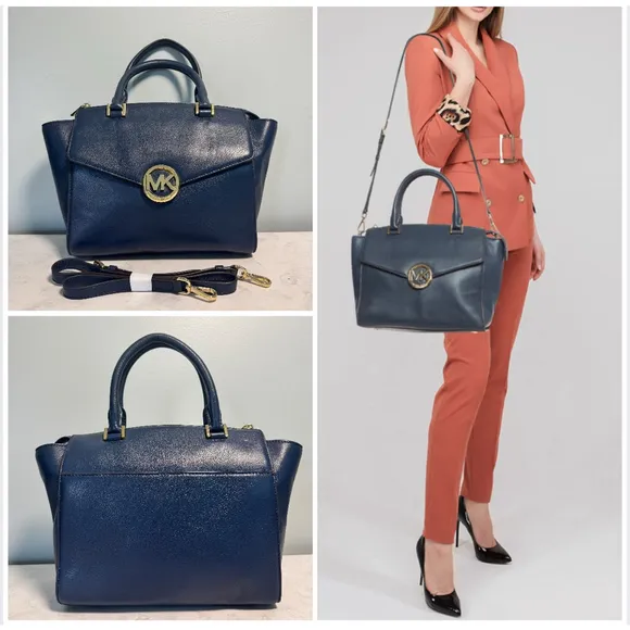 Women's Michael Kors Leather Large Hudson Satchel Tote Navy Blue Gold Logo - Image 2