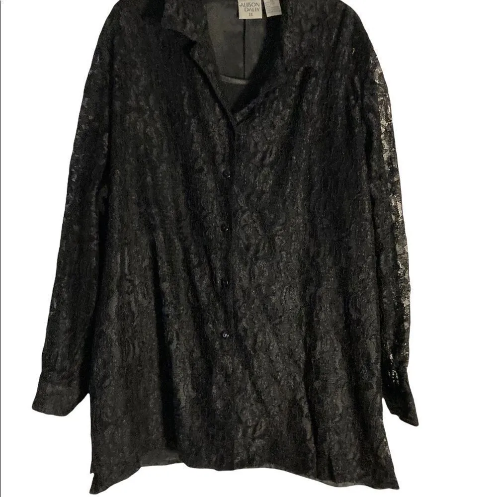 ALLISON DAILEY II, Women’s Black Lace Overlay top, Size 2X, Button Down, Lined - Image 2