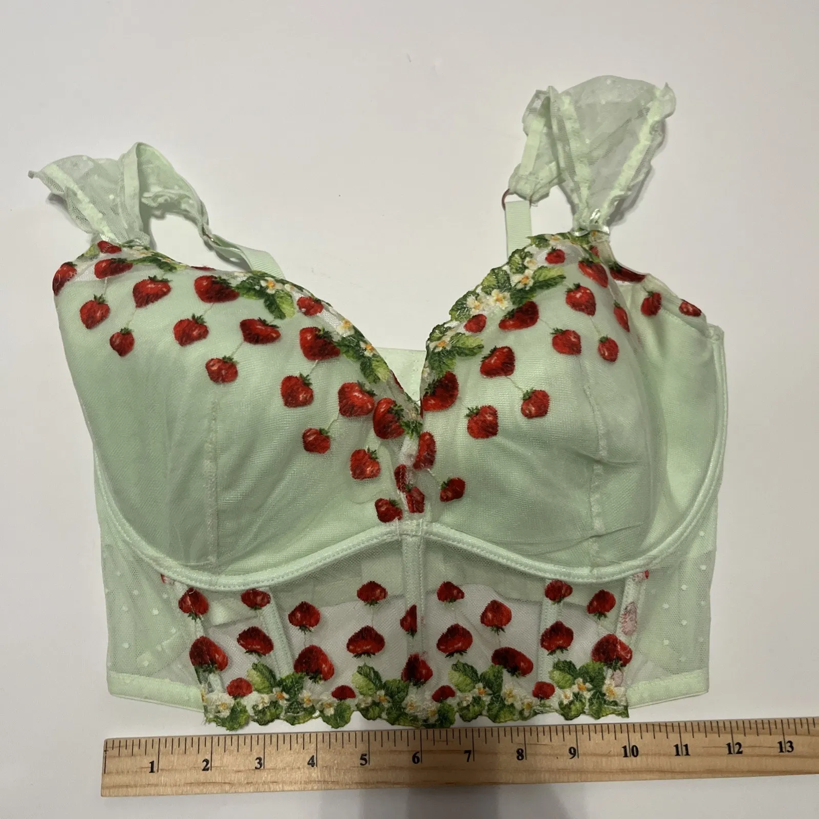 Sz M D DD VS Dream Angels Pale Green Corset Strawberry Embroidered Bra - Image 5