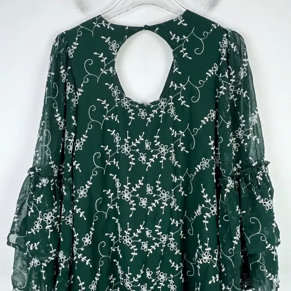 Coast Floral Embroidered Bell Sleeve Ruffle Hem Dress Green US Size 6 EUC - Image 9
