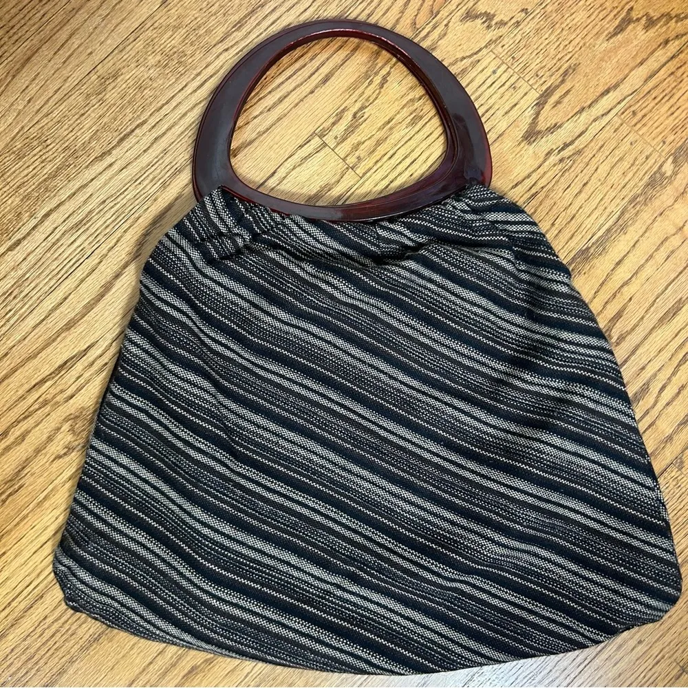 Vintage Knit Tote Bag Open Top Resin Plastic Handles BOHO Whimsigoth Brown - Image 3