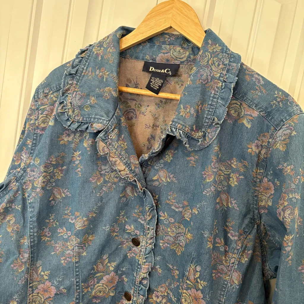 Denim & Company Denim Floral‎ Ruffle Jacket Size 1X Blue - Image 3
