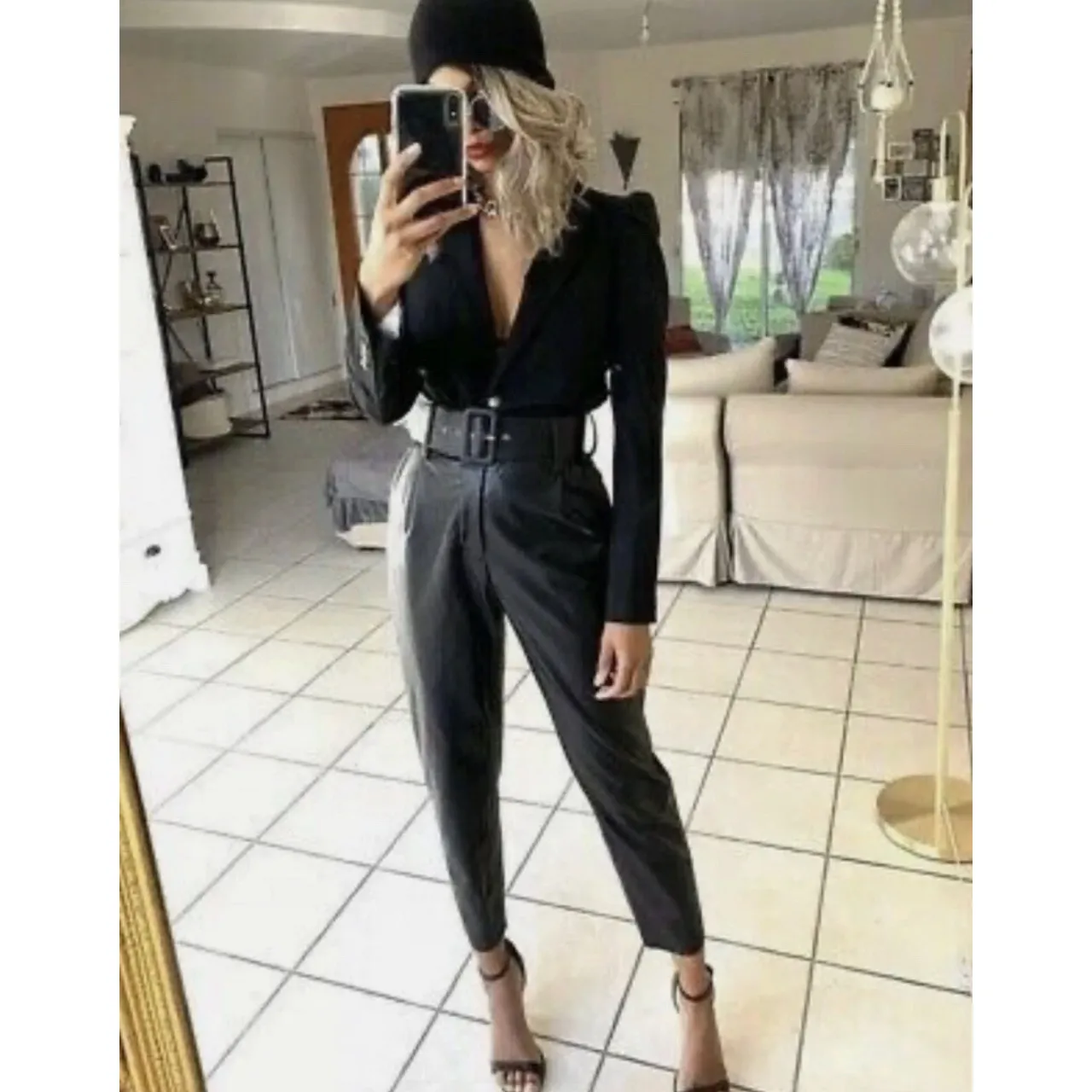 Zara Women Belted Faux Leather Pants Black - Image 4