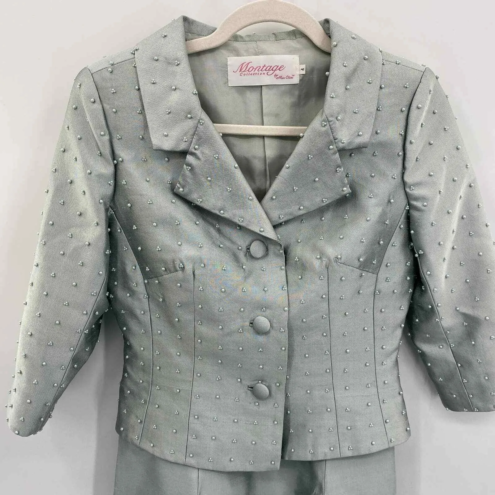 Vintage Montage Collection by Mon Cheri Mother Bride Dress‎ Set sz 4 Green Silk - Image 3