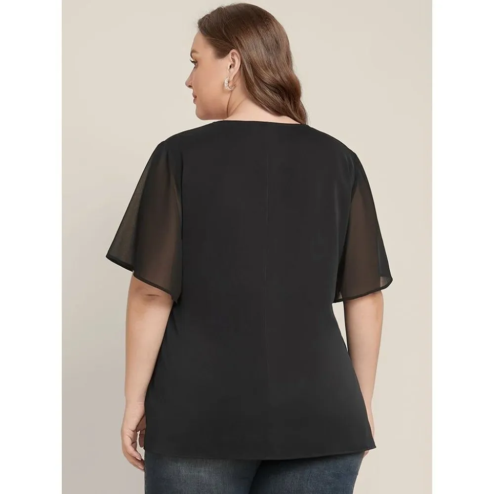 Bloomchic Solid O Ring Zipper Mesh Ruffle Sleeve V Neck Blouse Black 12 - Image 2