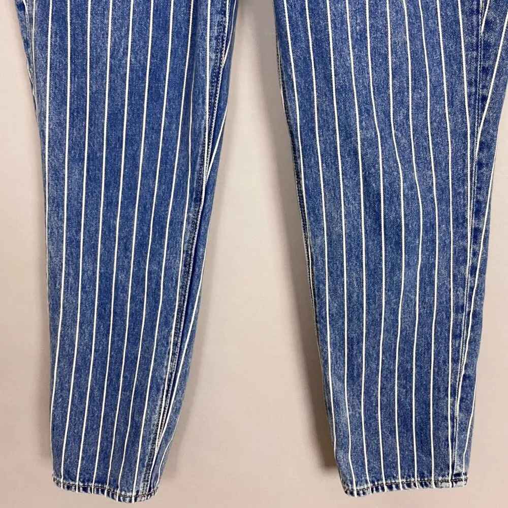 American Eagle Mom Jeans Striped Women Size 6 Tapered Ankle Leg Blue White Denim - Image 8