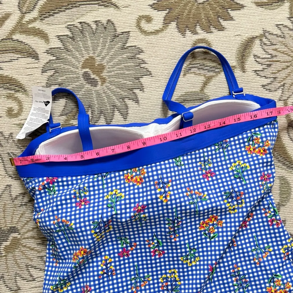 Lands End Tankini Top Swim Swimsuit Floral Botanical Check Checkered 14 New Blue - Image 4