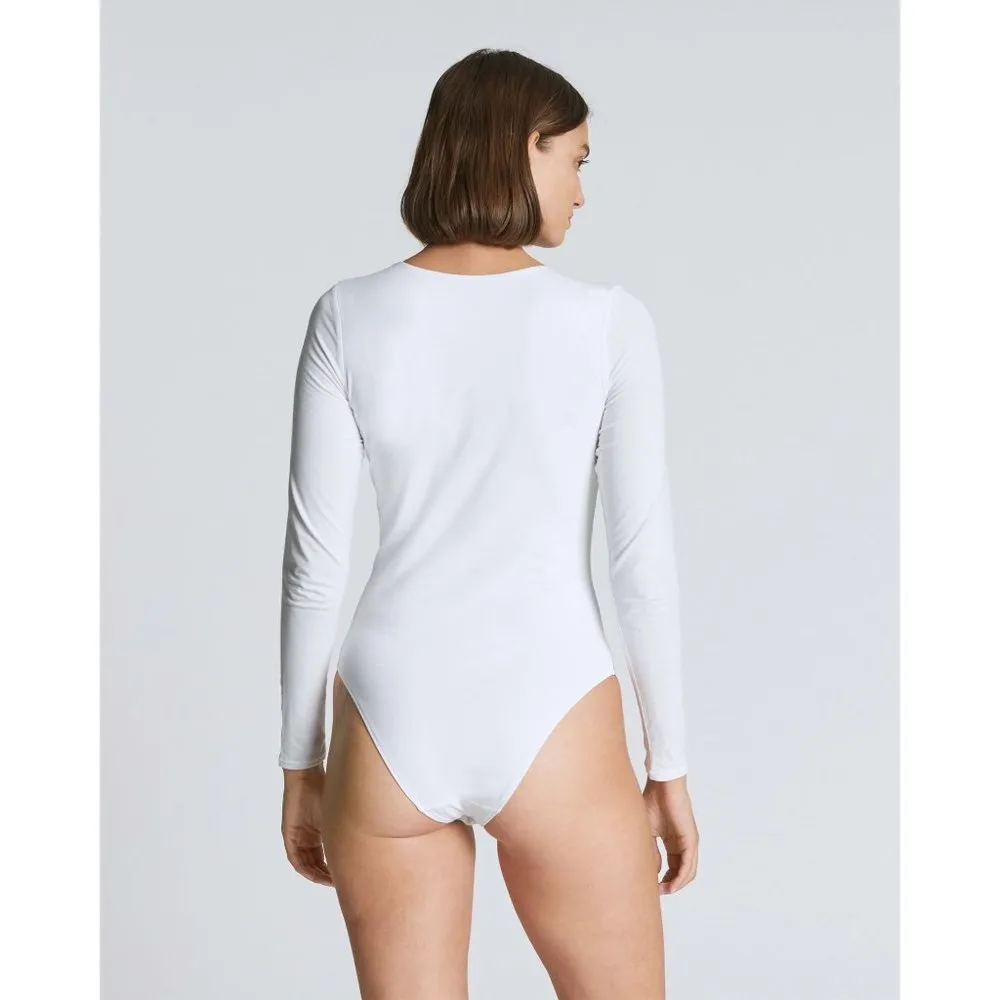 Everlane Womens The Long-Sleeve Supima Square-Neck Bodysuit Bikini White XXS - Image 2