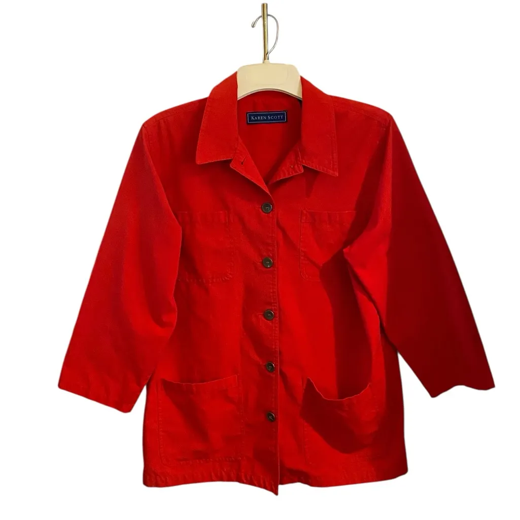 Karen Scott Red Utility Jacket cotton 4 pockets Chore Jacket Holiday lightweight - Image 3
