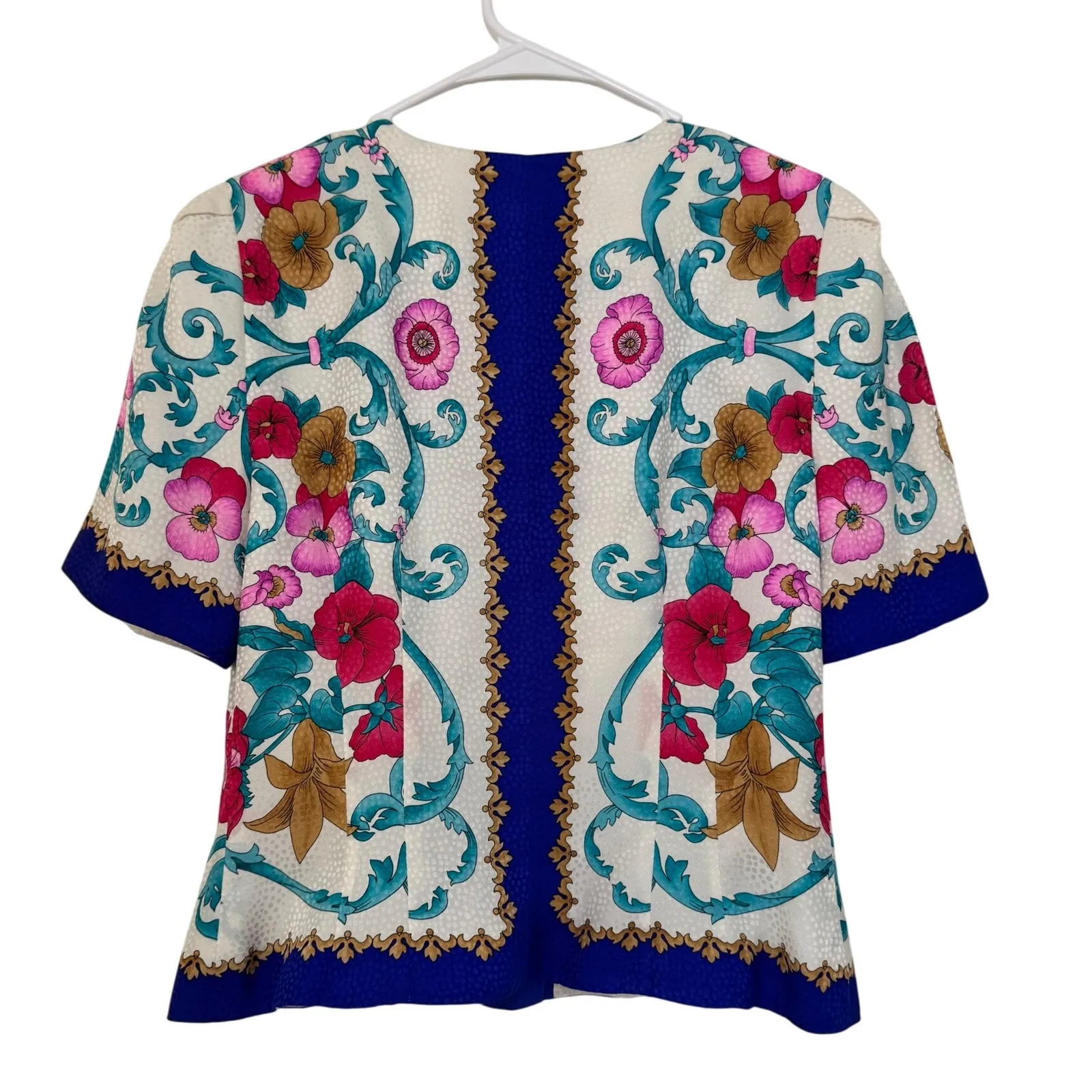 Maggy London Floral Print‎ Silk Button Up Top Ivory Blue Size 8 Vintage - Image 2