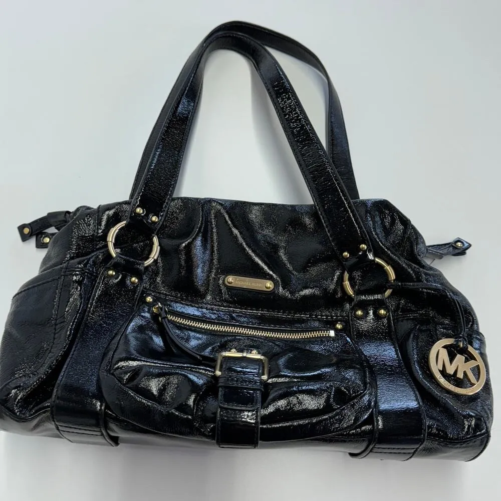 Michael Kors Purse Womens Black Patent Leather Baguette Top Handel Satchel - Image 2
