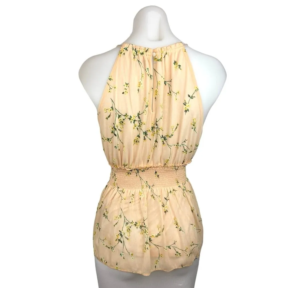 Express Yellow Floral High Neck Smocked Waist Sleeveless Peplum Blouse Top Sz S - Image 2