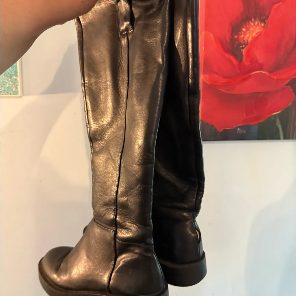 Zara Boots Women 8.5 39 Low Heel Leather Knee High Riding Black Biker Moto - Image 5