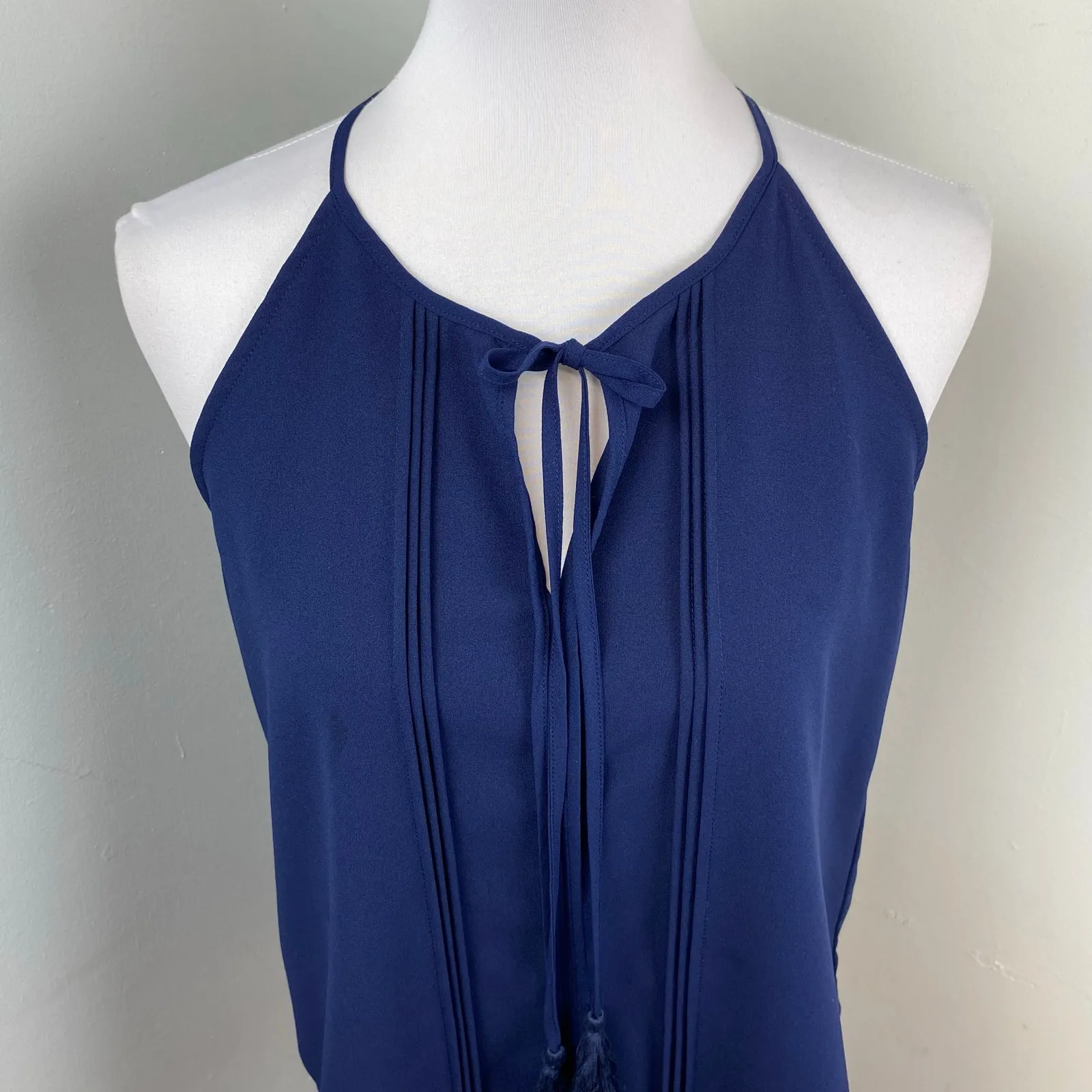 Paper Crane Navy Pleated Sleeveless Blouse Tank Top Tassels Large - Image 2