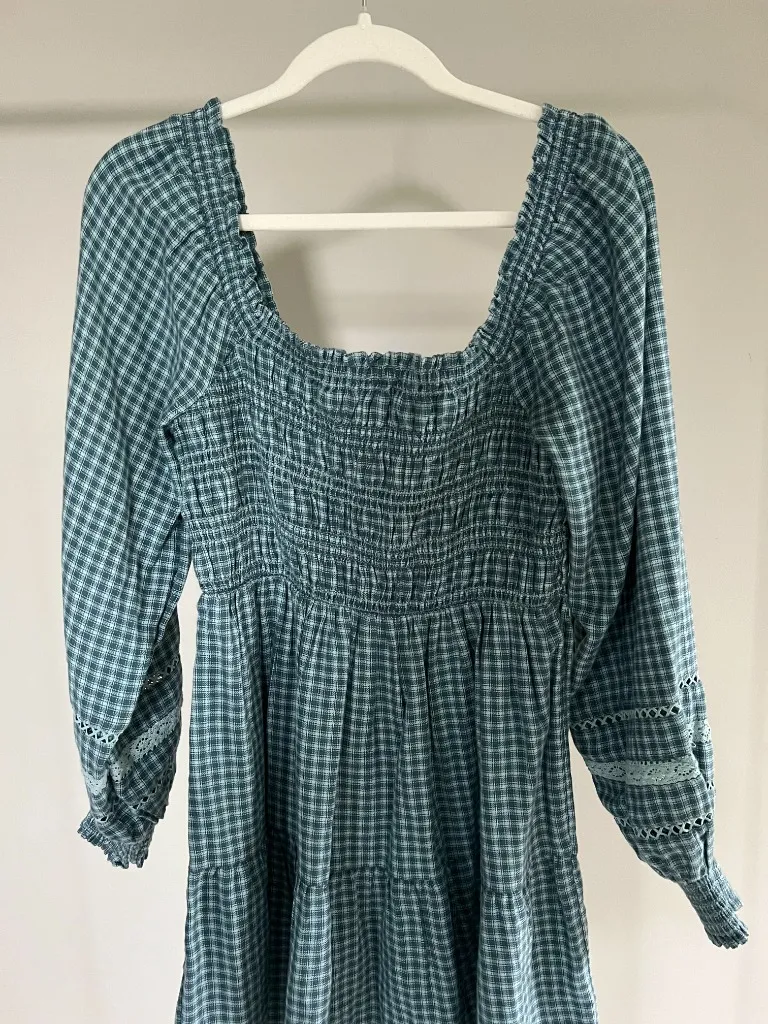 American Eagle Plaid Mini Dress Smocked Long Sleeve Square Neck Gingham Babydoll - Image 4