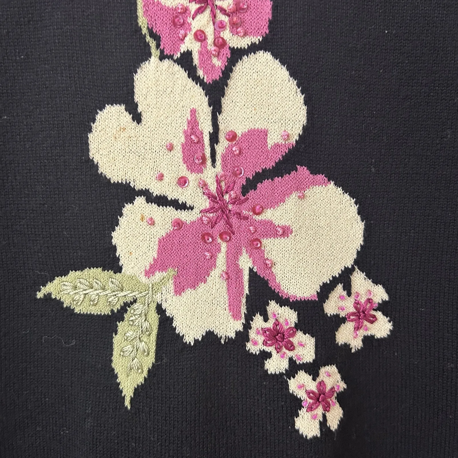 Vtg Emma James Black‎ Cottagecore Floral Whimsy Y2k Short Sleeve Knit Top Sz L - Image 3