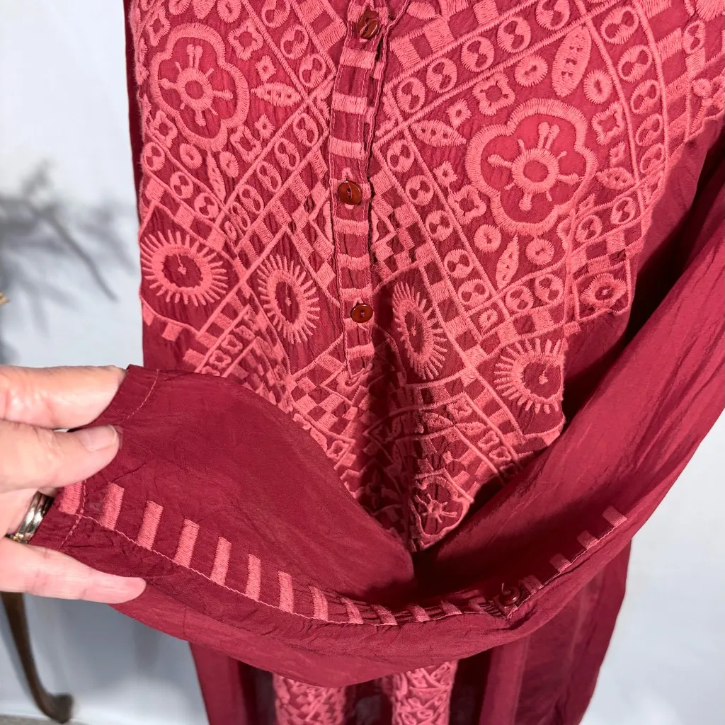 Johnny Was Rona Embroidered Cupro Tunic Top Burgundy Boho Size Medium🧡 - Image 4