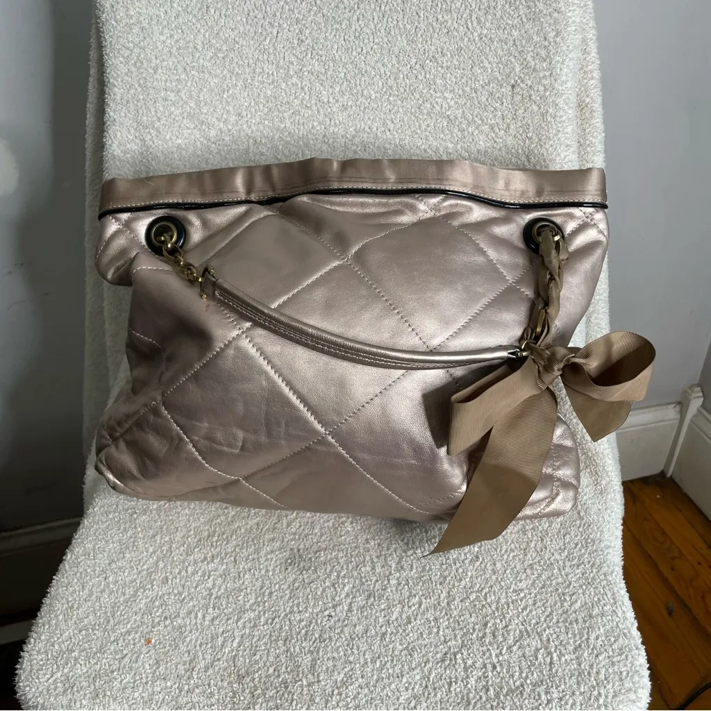 Lanvin Amalia Cabas Quilted Lambskin Leather Chain Strap Shoulder Purse Bag Tote Silver - Image 2