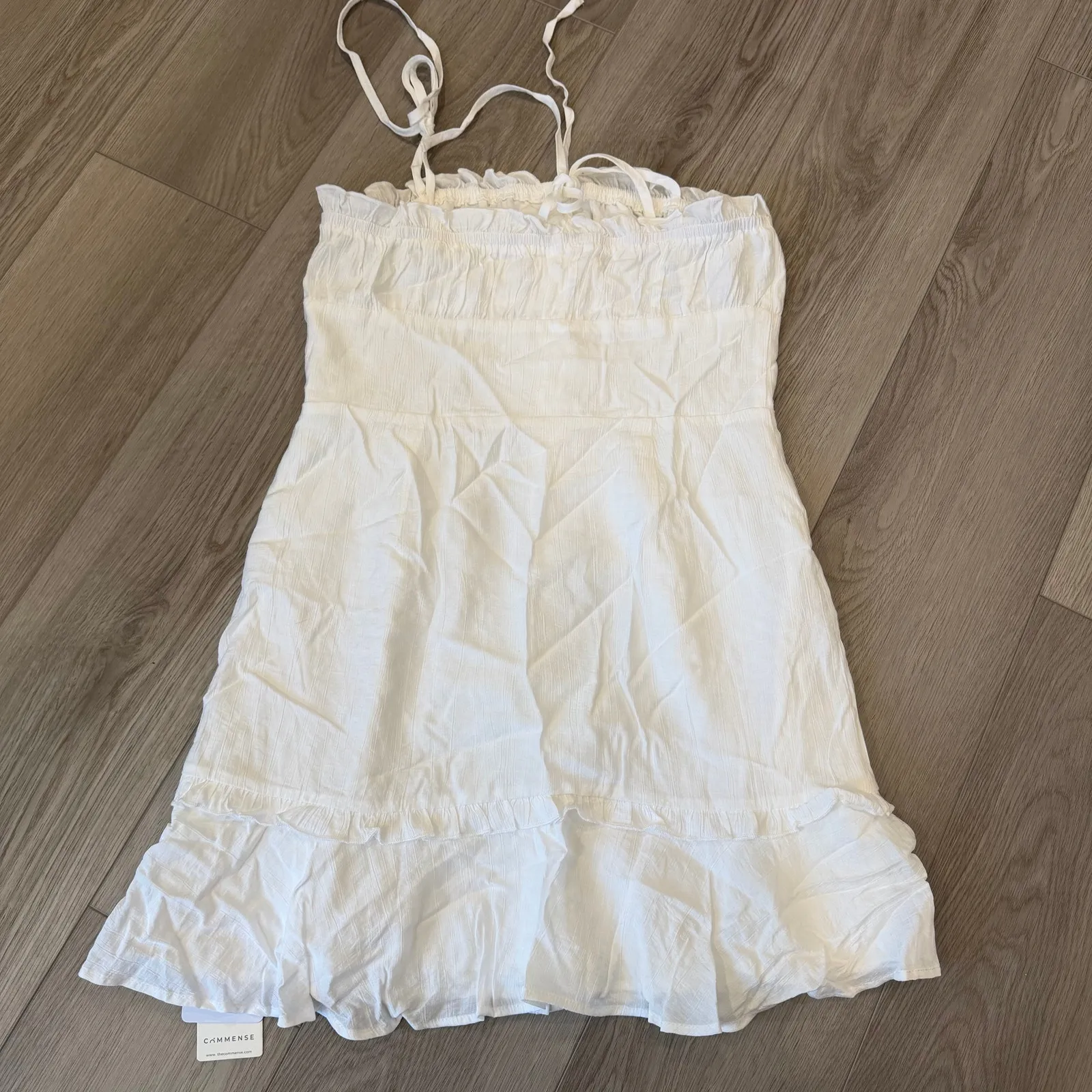 Commense Boho Girly Ruffle Skirt Tight Sling Short Cottage Coastal White Dress L Size L - Image 4
