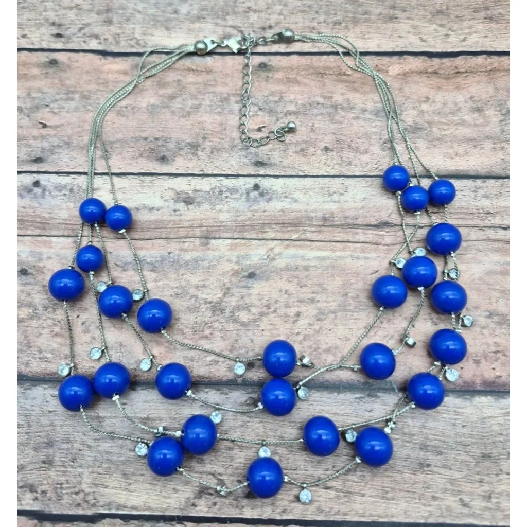 Silver Tone Multi Strand Cobalt Blue Bead Crystal Statement Collar Necklace 16" - Image 7