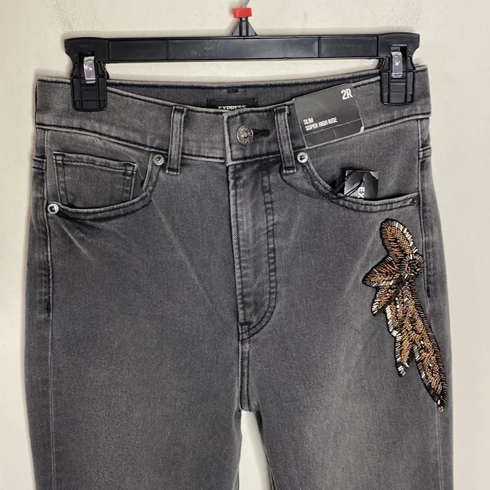 Express Slim super high rise embellished washed black jeans size 2 - Image 3
