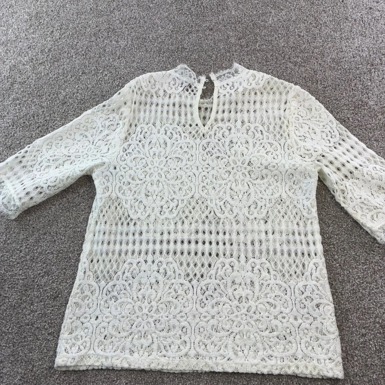 ZARA Womens L White Lace 3/4 Sleeve Mock Neck Keyhole Back Top Blouse‎ Boho Chic - Image 5