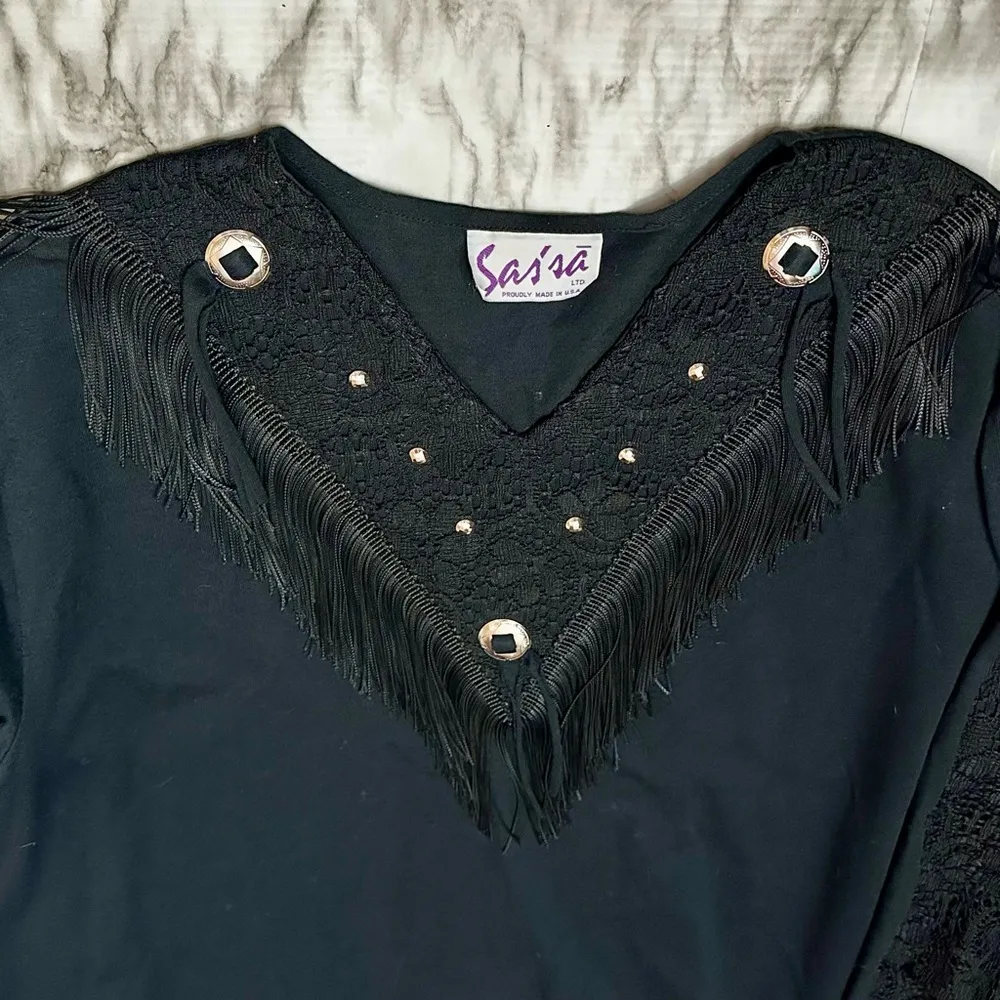 Black Lace Sleeves Western Fringe Vintage Top Sz 42 Cowboy Silver Embellishment - Image 6
