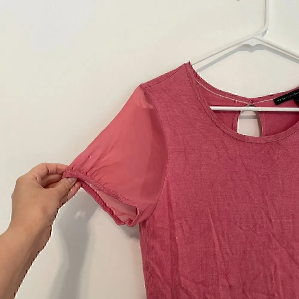 WHITE HOUSE BLACK MARKET WHBM Woven Short Sleeve Top Pink Mixed Media Knit Work - Image 7