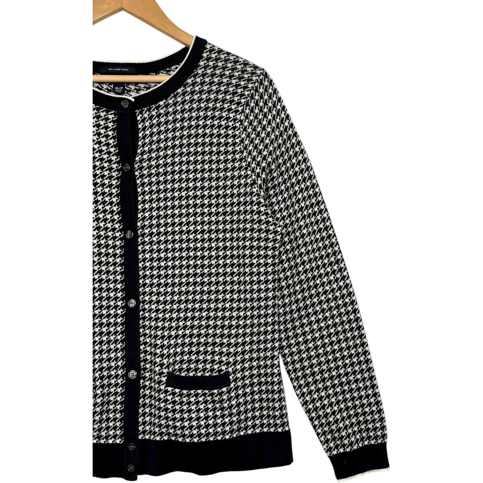 Lands End Cardigan Sweater Womens Medium Black White Houndstooth Preppy Classic - Image 5