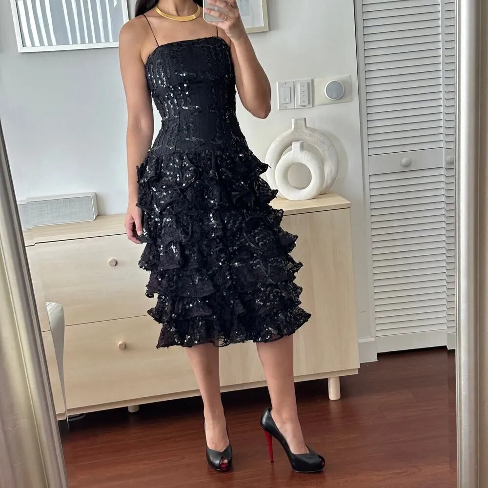 Vintage Lillie Rubin Corset Dress Womens 80s Black Sequin Tiered Cocktail Ruffle Black Size 2 - Image 4