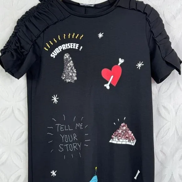 Zara Graphic Tell Me‎ Your Story Love Spooly Ruffles Goth Mini Dress Size S - Image 7