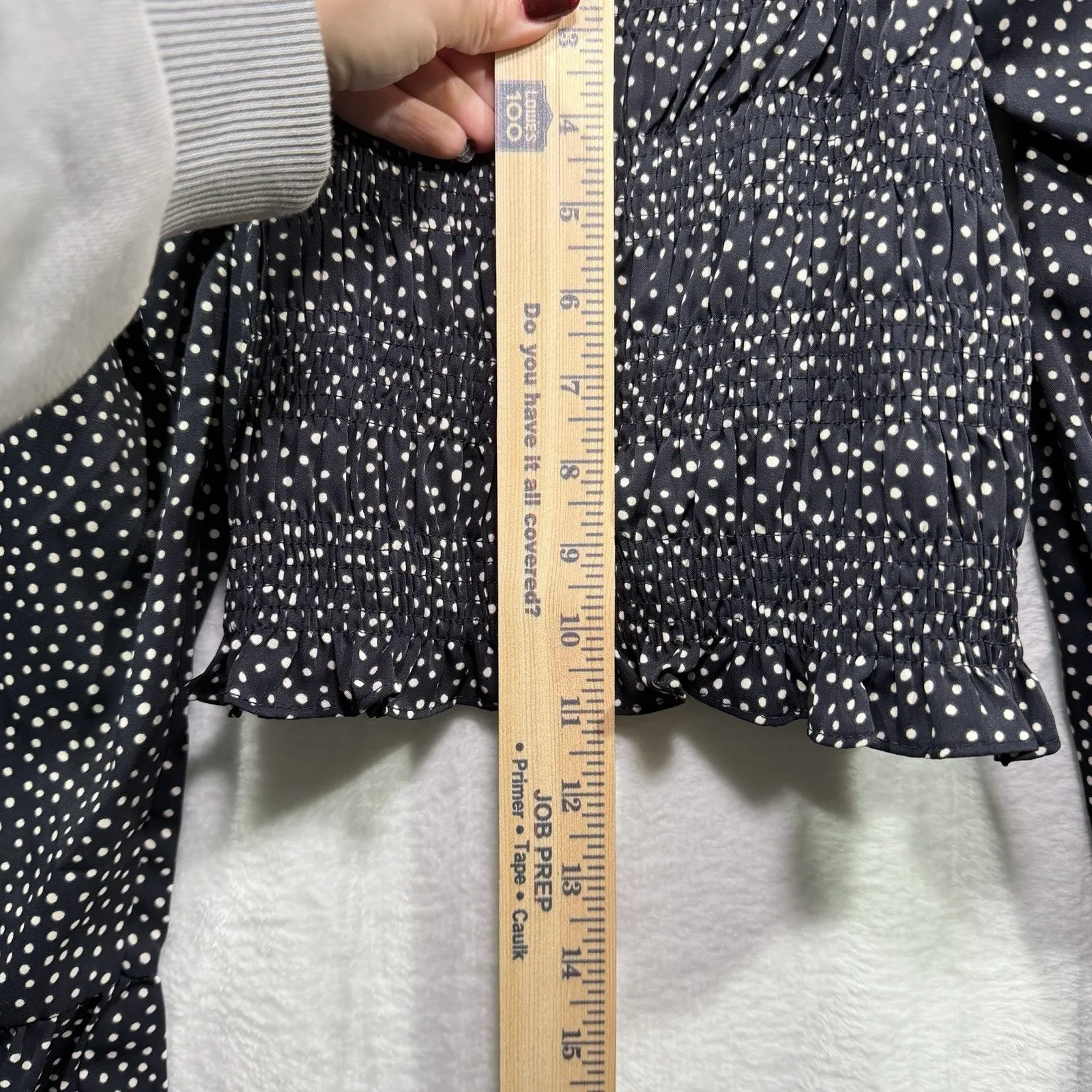 Mustard Seed Balloon Sleeve Cropped Smocked Blouse Polka Dot Black size S - Image 8