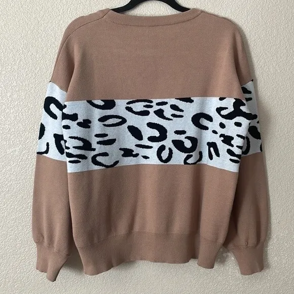 Leopard print sweater extra large thick color block Balloon Sleeves Brown Size XL - Image 5