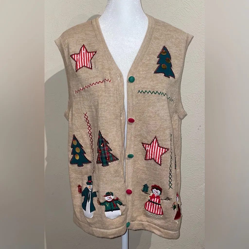 Merry & Bright Vintage Women's Size L Christmas Tan Sweater Vest Snowmen Trees Size L - Image 3