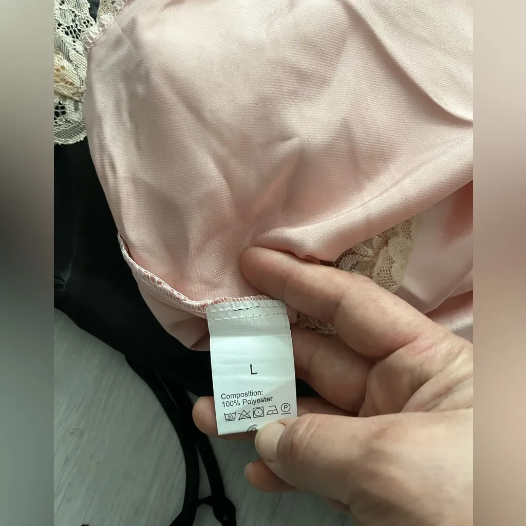 NEW Elegant set Pink and black Lace Trim‎ Satin Chemise Size L - Image 3