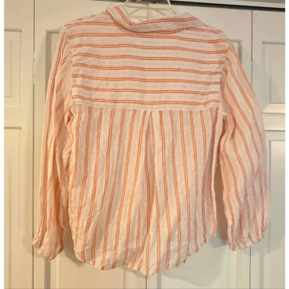 Cynthia Rowley 100% linen white and orange striped button down small - Image 8
