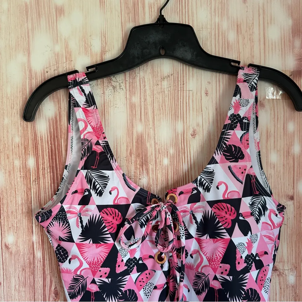 Emme Jordan Pink Flamingo Print Low Back One Piece Swimsuit Size L - Image 2