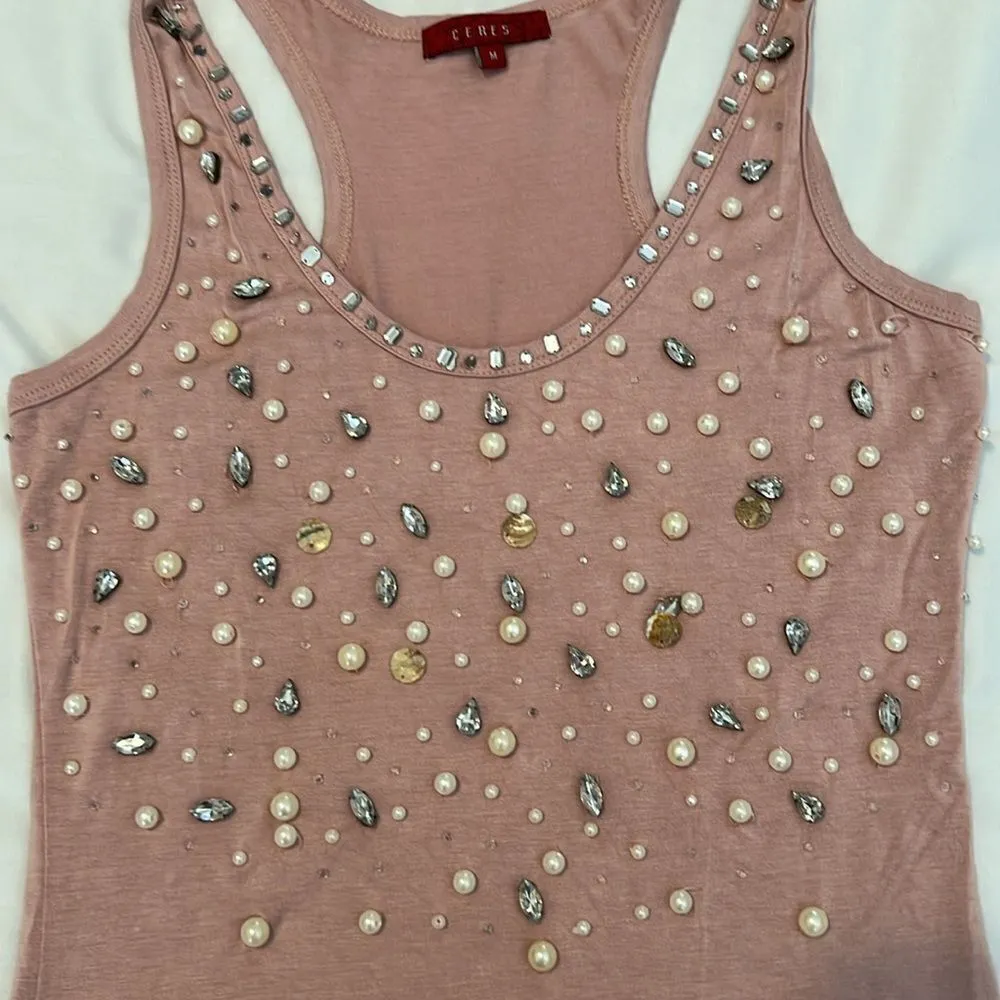 Ceres size M pink beaded rhinestone & shell embellished tank top EUC Size M - Image 4