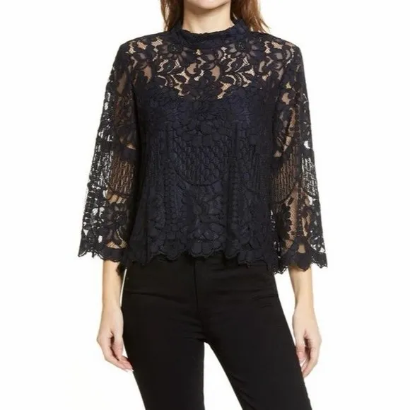 Chelsea 28 Navy Lace Bell Sleeve Top - Image 7