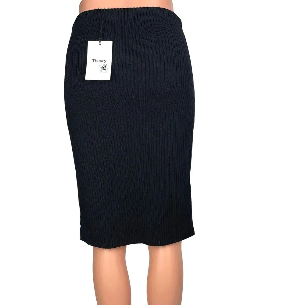NEW Theory $495 Black Lamb Leather Ribbed Sweater Pencil Straight Midi Skirt XS - Image 8