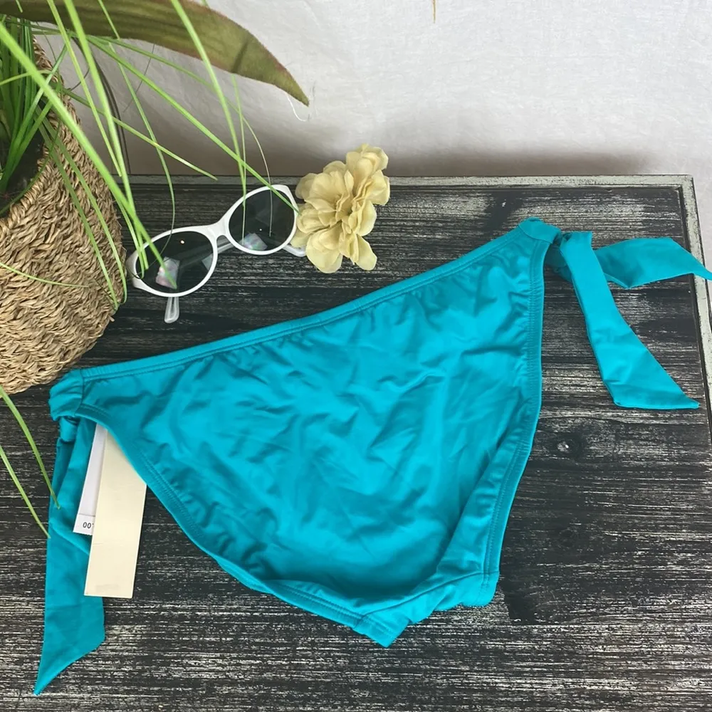 Kenneth Cole Teal Blue Ruffle Waist Side Tie Bikini Swim Bottoms NEW S - Image 4