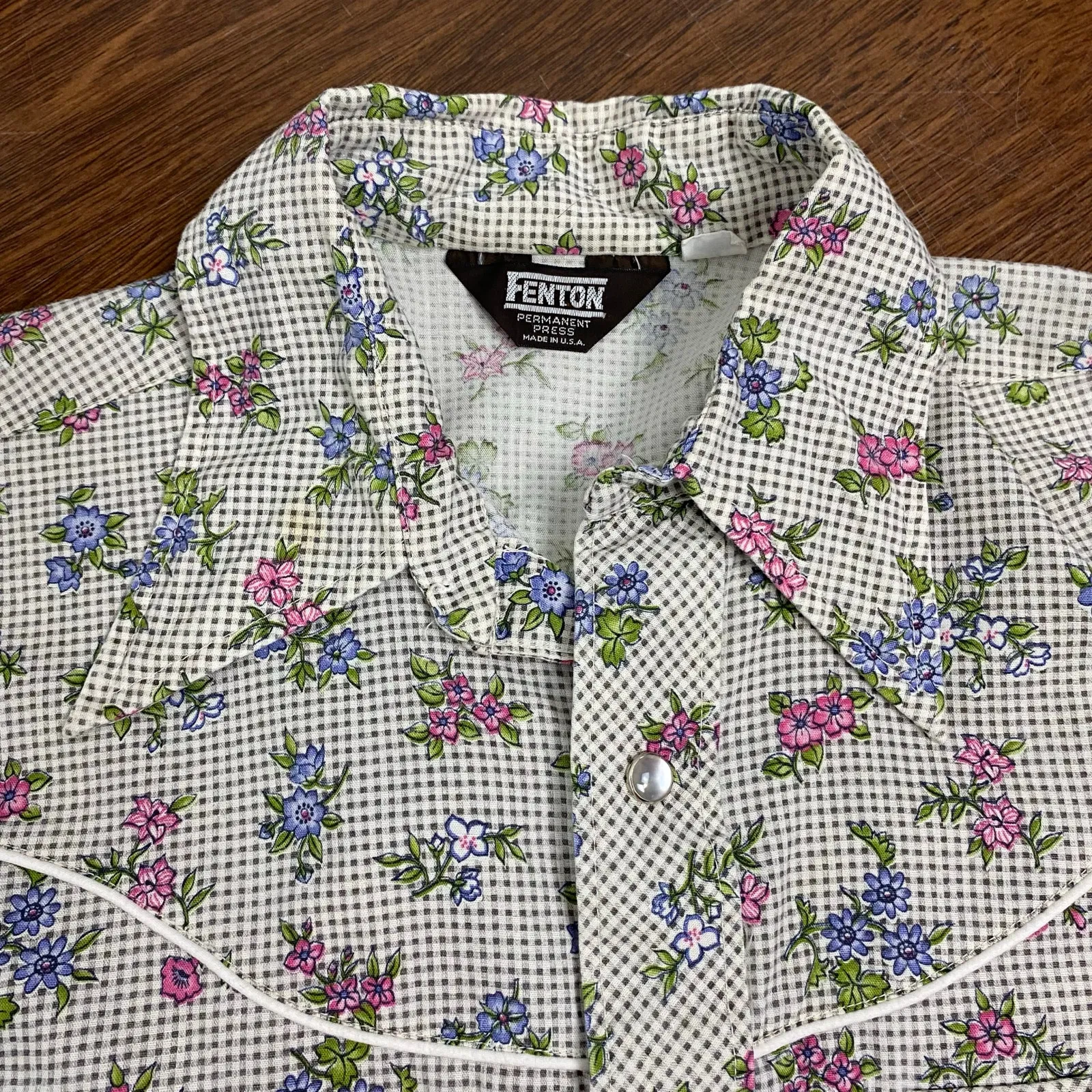 Fenton Vintage Feminine Floral Gingham Western Snap Button Long Sleeve Shirt Blue Size M - Image 3