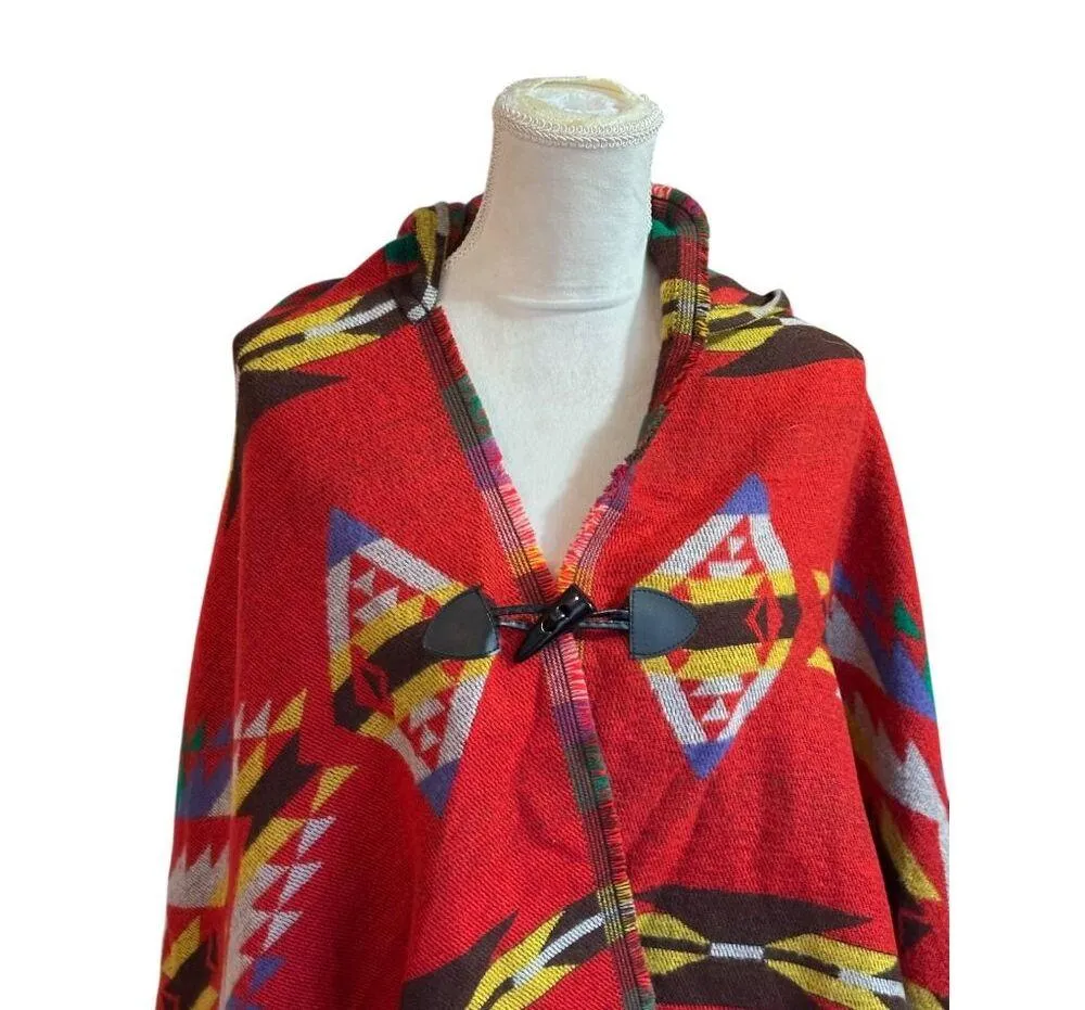 Vintage Aztec SouthWestern Hooded Poncho Cape Tassels & Toggle Closure One Size Red Size undefined - Image 3